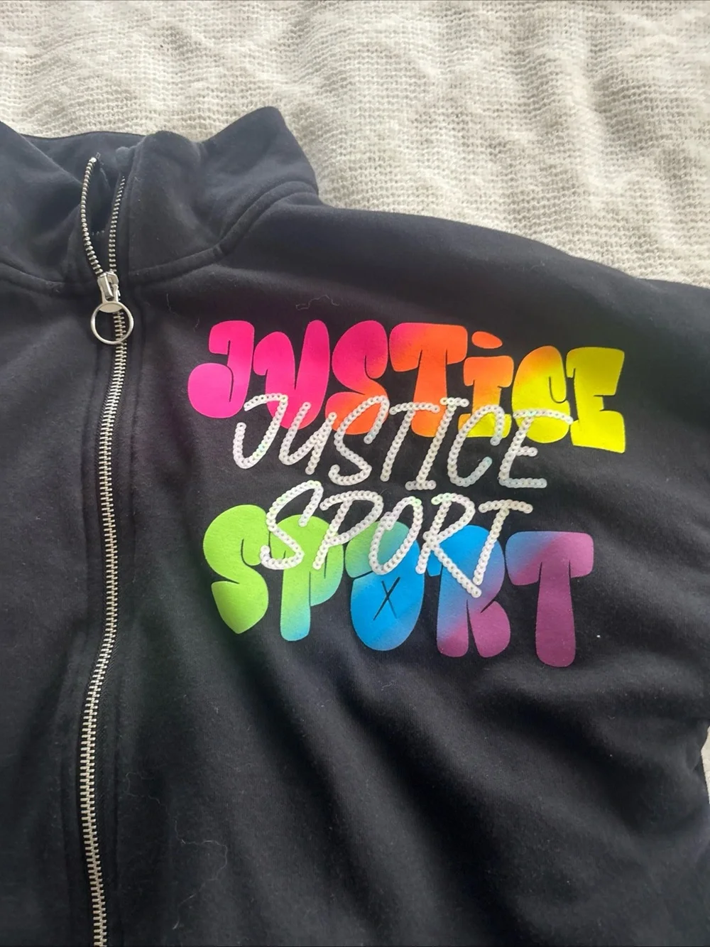 Justice Sport Black Zip-Up Hoodie with Rainbow Logo (16-18)